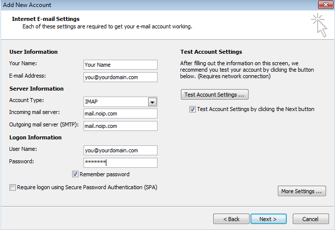 Configuring Microsoft Outlook For Use With No-IP POP/IMAP Service Image 6