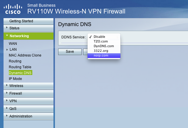 Cisco RV110W Router DDNS Provider dropdown