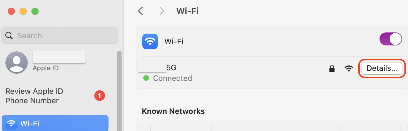 Wi-Fi Settings on Mac operating system displaying location of Details option.