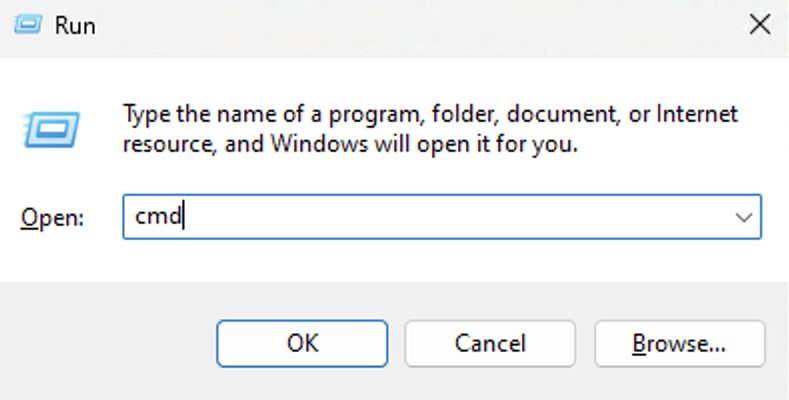 The Windows Run menu preparing to open Command Prompt