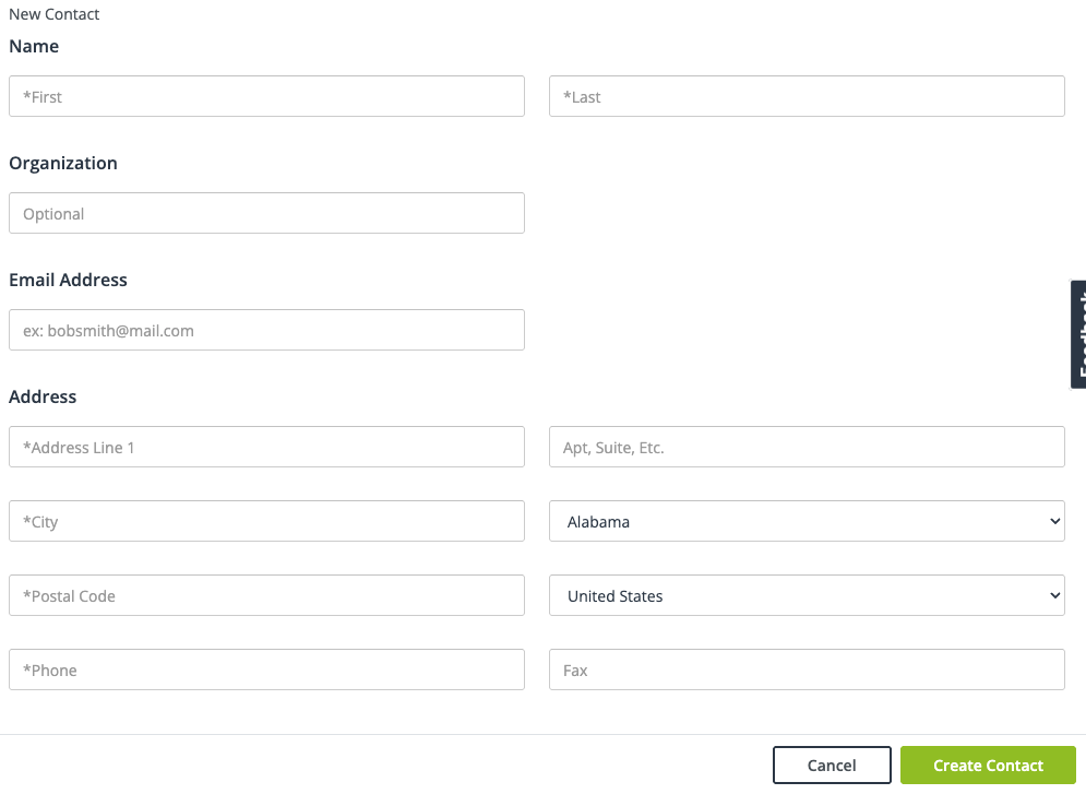 New contact form with fields for name, organization, email address, physical address. and a create contact button