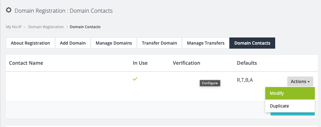 domain contact page with the actions drop down clicked and showing the modify option