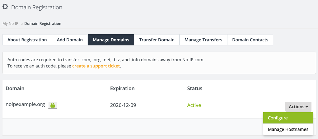 the manage domains page showing the actions dropdown clicked and displaying the configure option