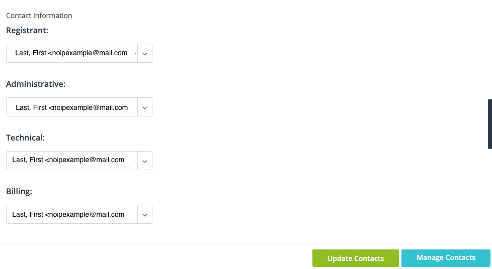 a section showing the current domain contact information assigned to a domain name with drop downs to select alternatives. Also an update contacts button at the bottom of the section to confirm changes.