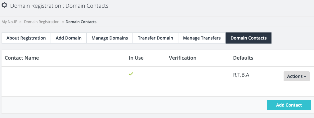 Domain contact page with add contact button