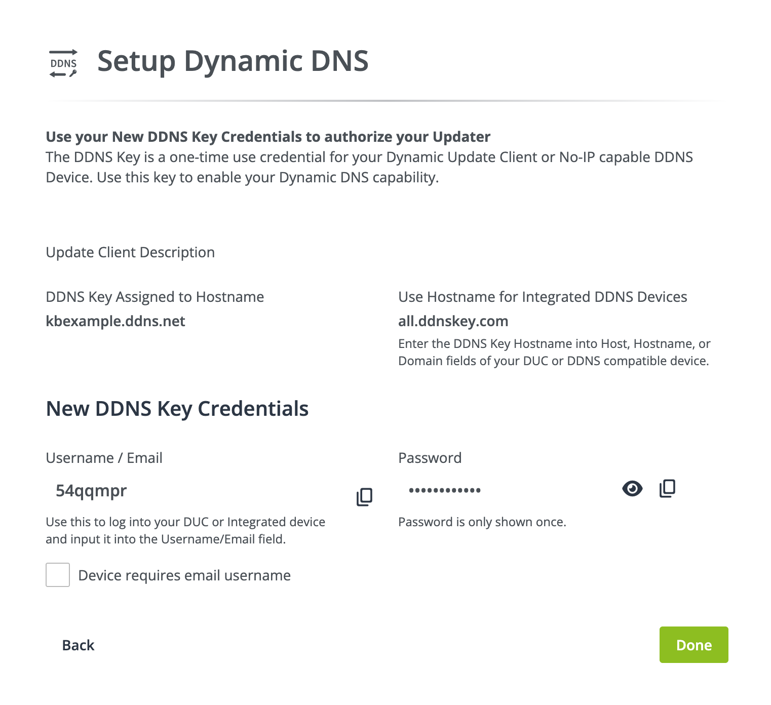 DDNS Key modal with automatically generated password and username