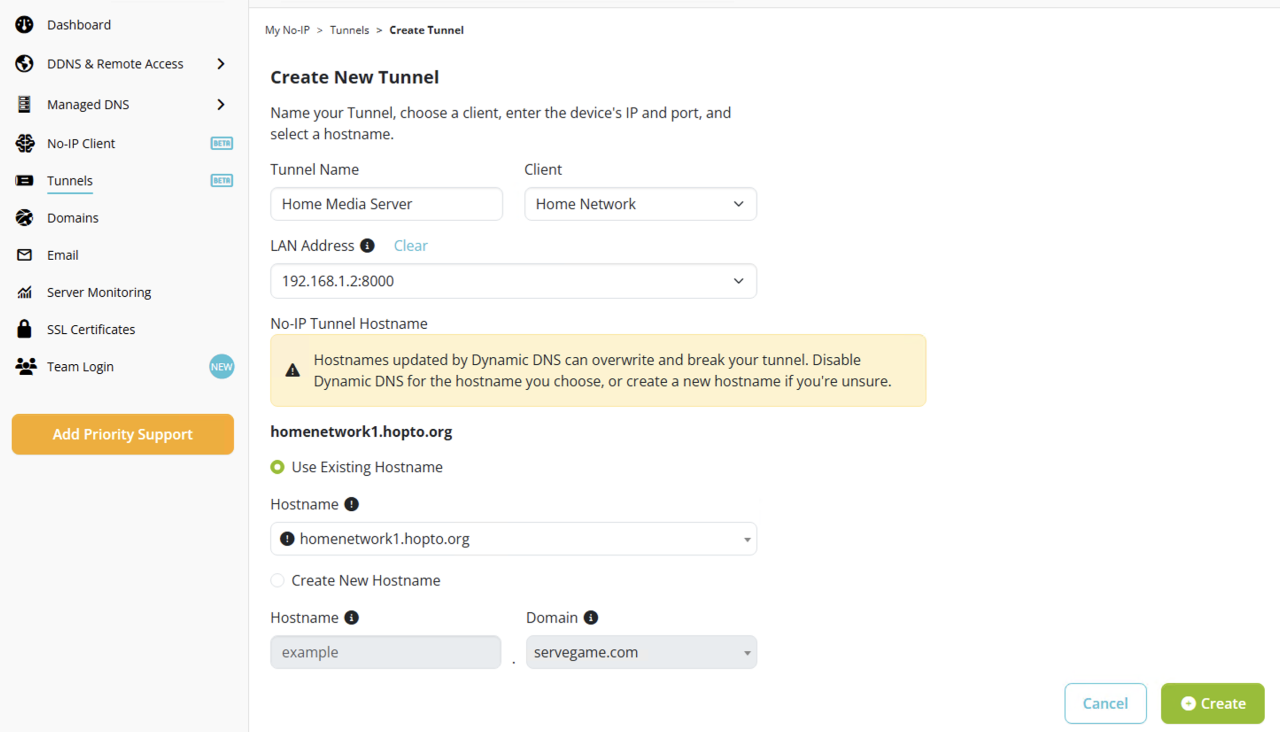 Tunnel creation page showing required fields to configure a tunnel