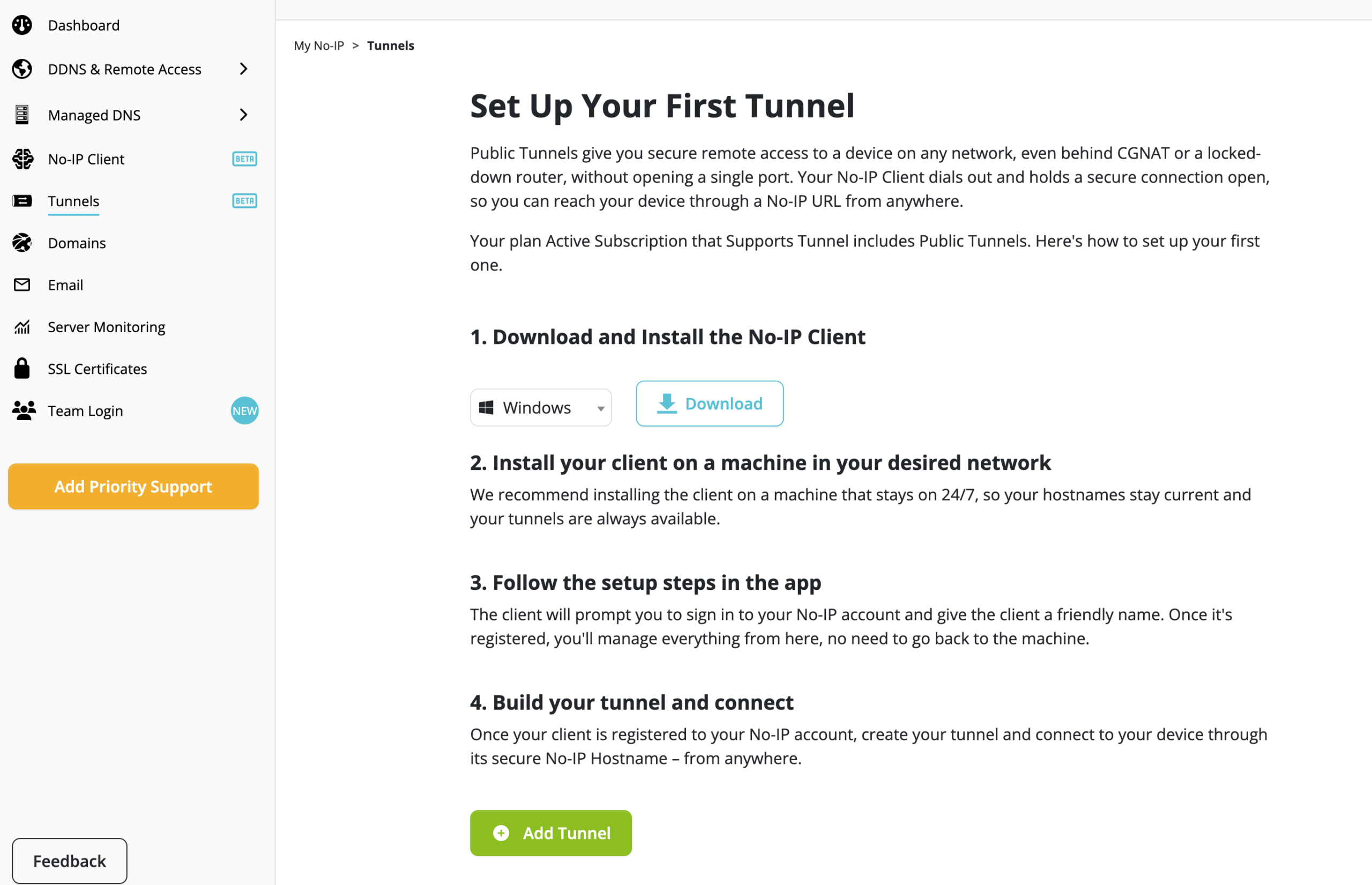 Public tunnels page with basic information about public tunnels and the option to add a tunnel